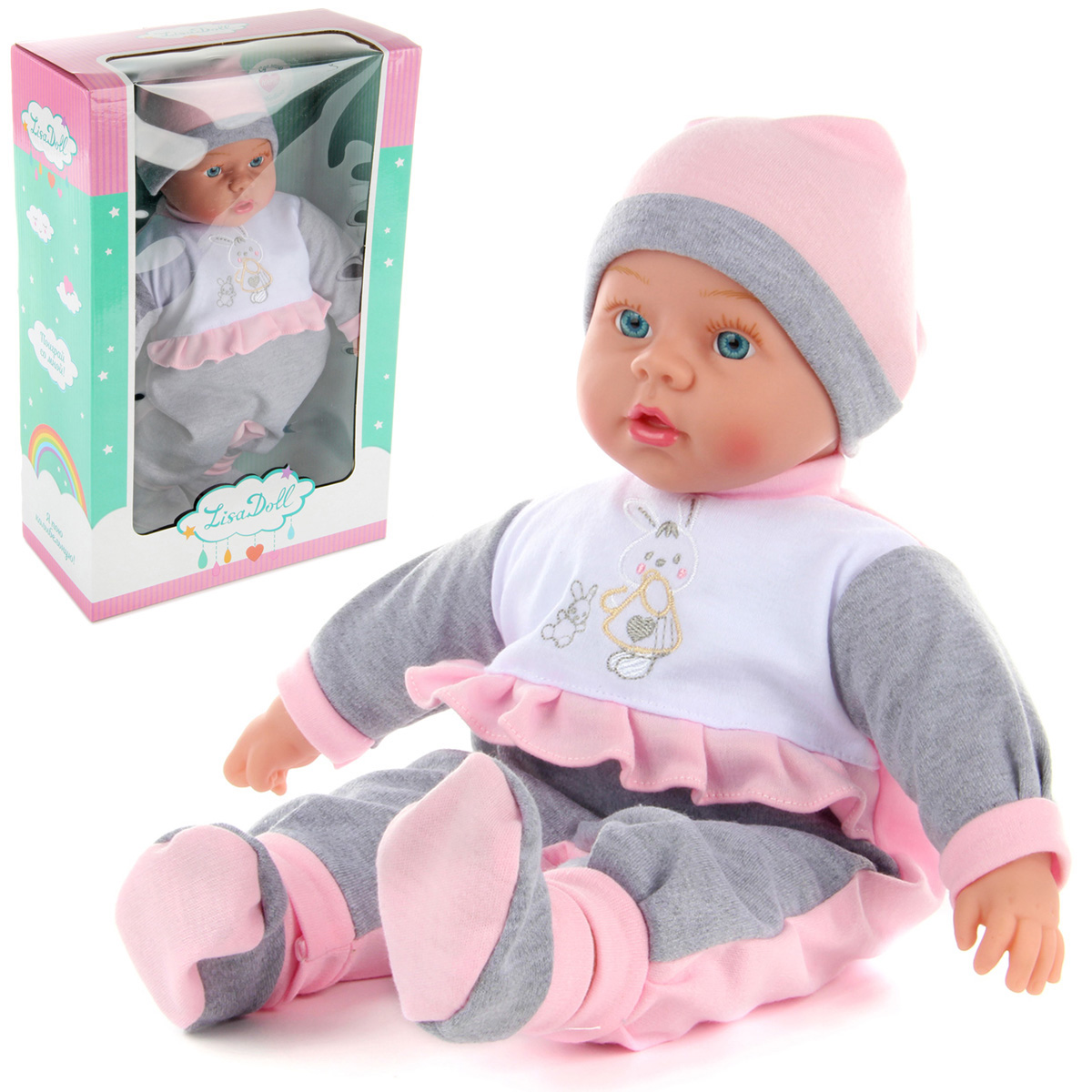 Картинка Пупс мягконаб., озвуч. (рус.), серый+роз., 40 см Артикул 97044/-150