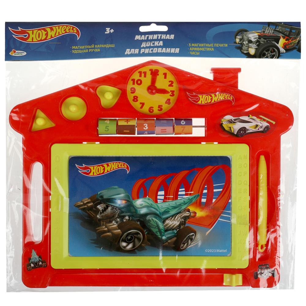 Картинка Доска для рисования ХОТ ВИЛС магнитная, 3 штампа, часы, счеты, 27*23см ИГРАЕМ ВМЕСТЕ Артикул B1306152-20