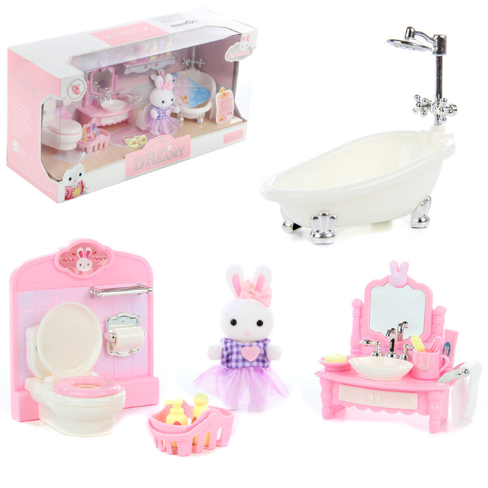 Картинка Кукла зайчик с набором мебели "Ванная комната" Артикул 113303-100