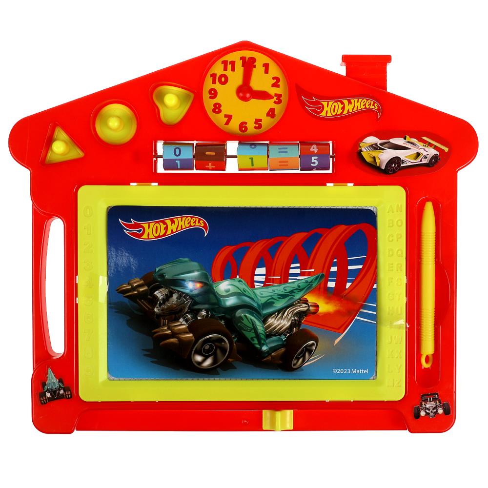 Картинка Доска для рисования ХОТ ВИЛС магнитная, 3 штампа, часы, счеты, 27*23см ИГРАЕМ ВМЕСТЕ Артикул B1306152-20